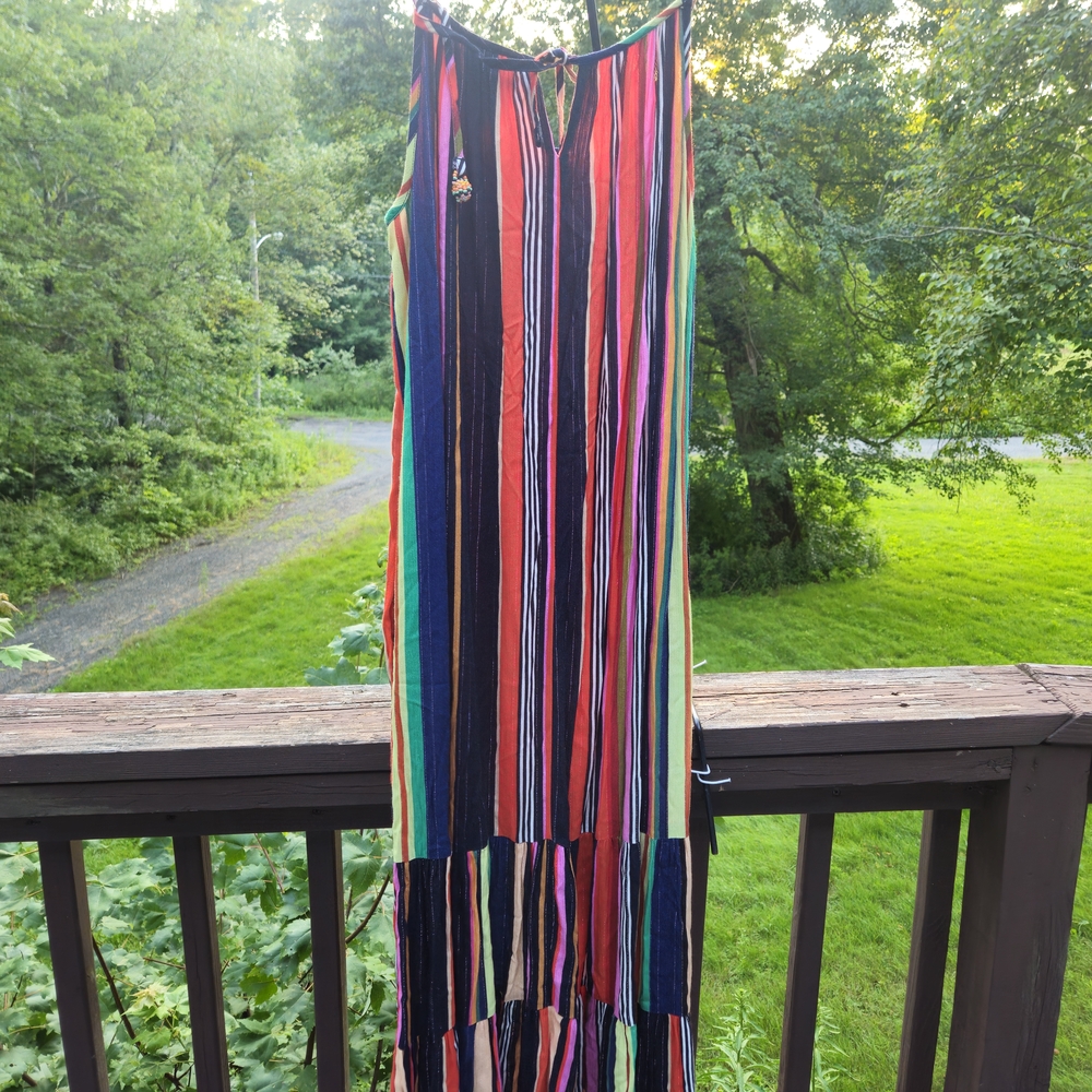 Farm Rio Dress Womens Medium Rainbow Shimmer Maxi Tank Strap BOHO Anthropologie
